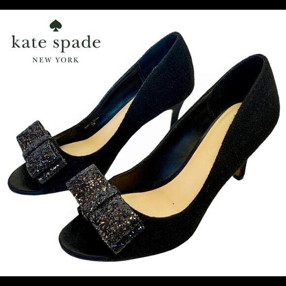 Kate Spade black glitter bow peep toe heels size 7 - Picture 1 of 6
